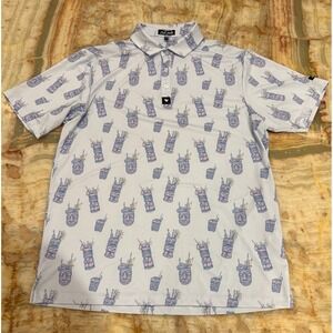 Bad Birdie Mens Polo Shirt White Short Sleeve Tiki Mug Print Hawaiian Size Large